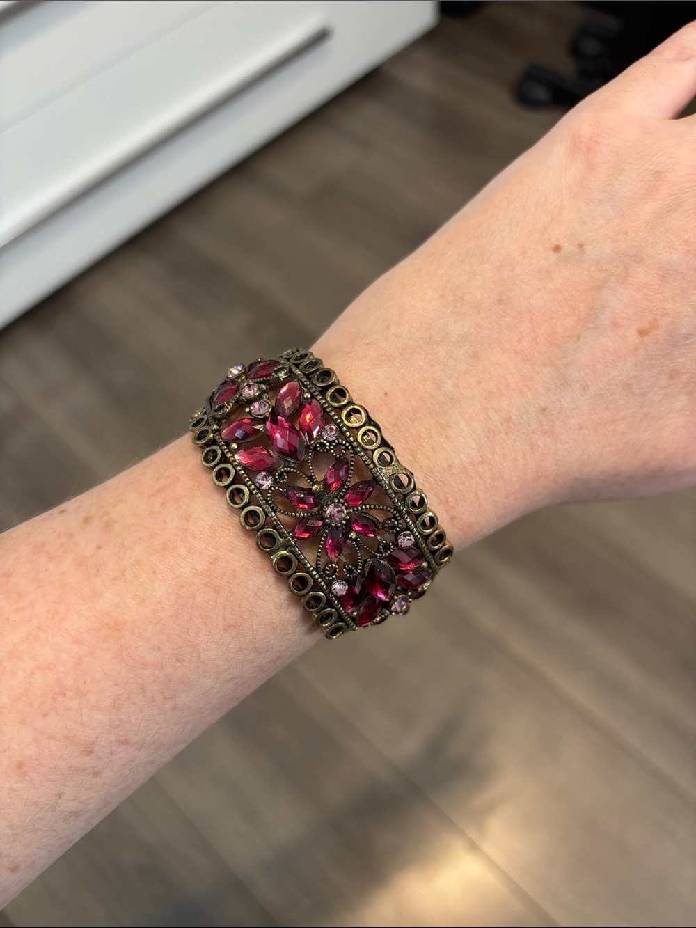 Antique-Style Pink Crystal Cuff Bracelet